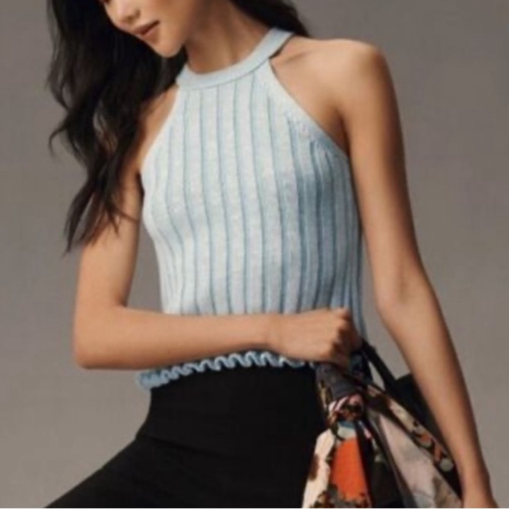 NWT Pilcro Anthropologie Ribbed Halter Knit Tank Top Light Blue Scallop Hem S - Picture 2 of 8